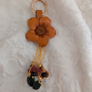 Yellow Leather Flower Bag Charm With Leaf And Flower Beaded Design